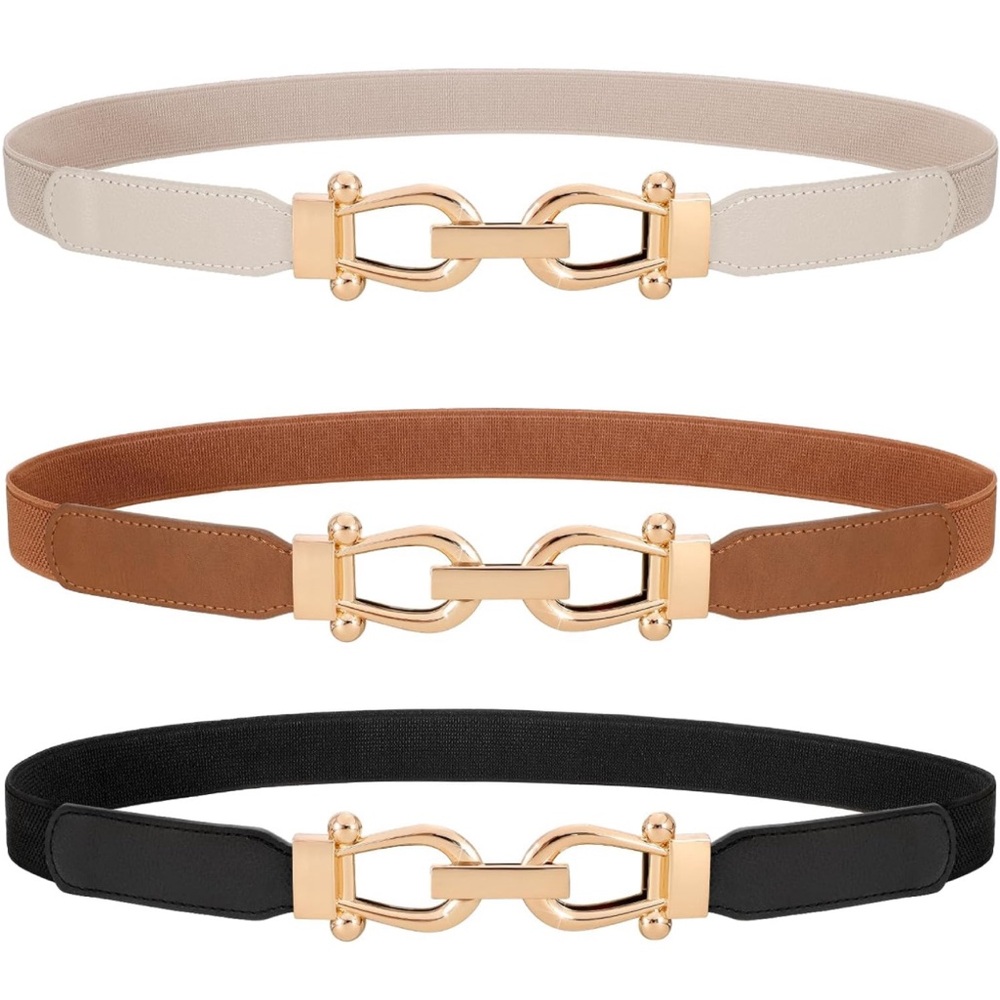 3 Pack Women Skinny Elastic Belt Gold Buckle Stretchy Thin Jeans Dress 26” - 31”
